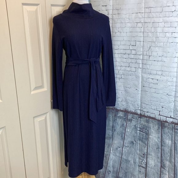 Nathalie Vleeschouwer Navy Blue Dress Metallic Red Pinstripe L Work Scandi Girl - Picture 1 of 16
